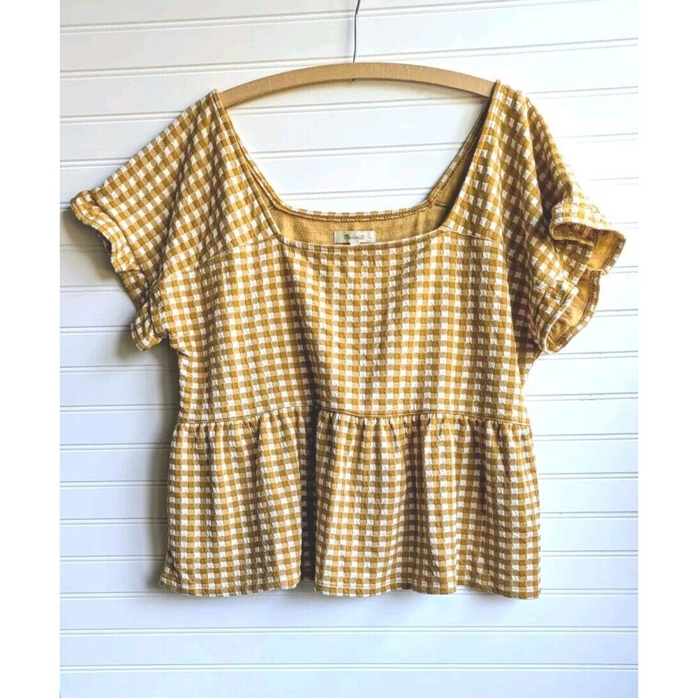 Madewell Women's Top Ruffle Hem Square Neck Mustard Yellow Gingham Knit Size XL